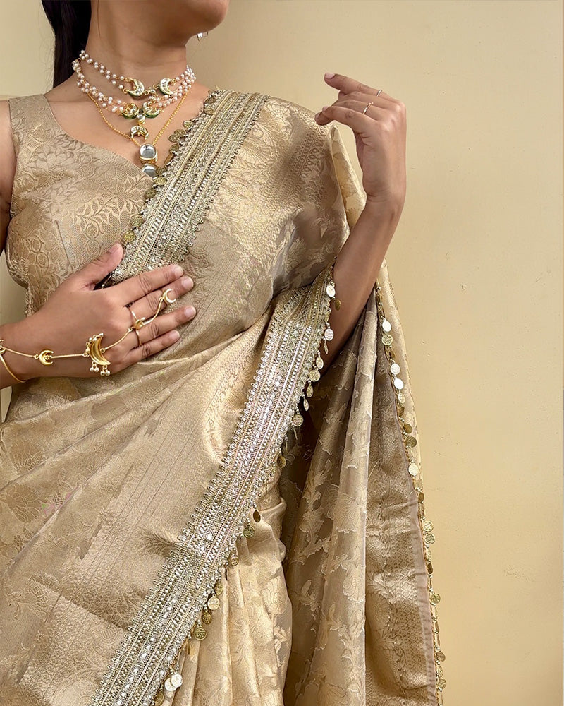 Cream Color Banarasi Tissue Silk Saree