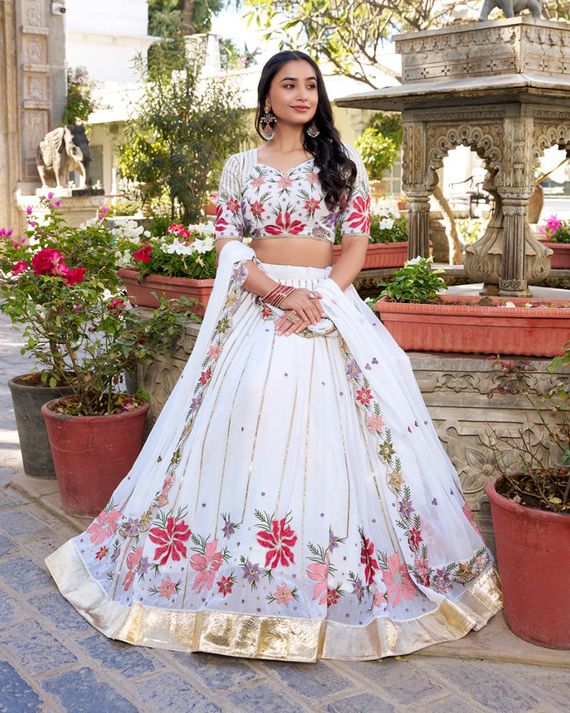 White Color Georgette Thread Embroidered Lehenga Choli