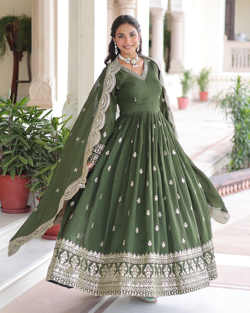 Olive Green Vichitra Silk Sequence Embroidered Gown