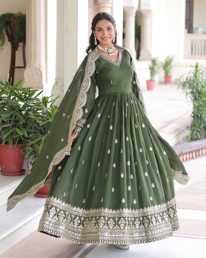 Olive Green Vichitra Silk Sequence Embroidered Gown