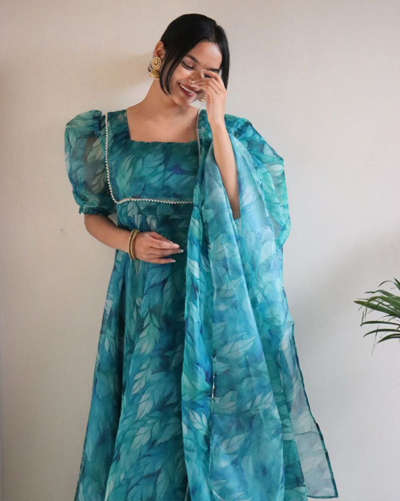 Firozi Color Printed Pure Organza Silk Anarkali Suit