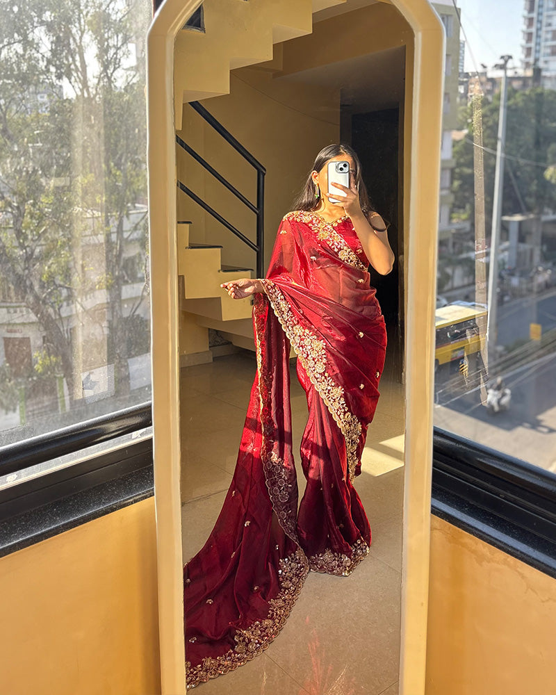 Maroon Color Space Silk Beads Embroidered Saree