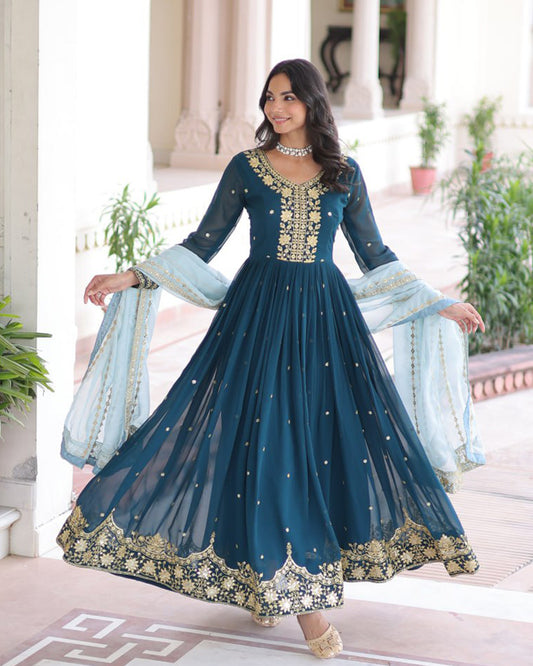 Peacock Blue Color Faux Blooming Embroidered Gown