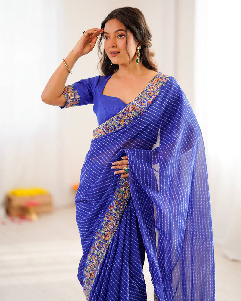 Blue Color Faux Georgette Bandhej Print Saree