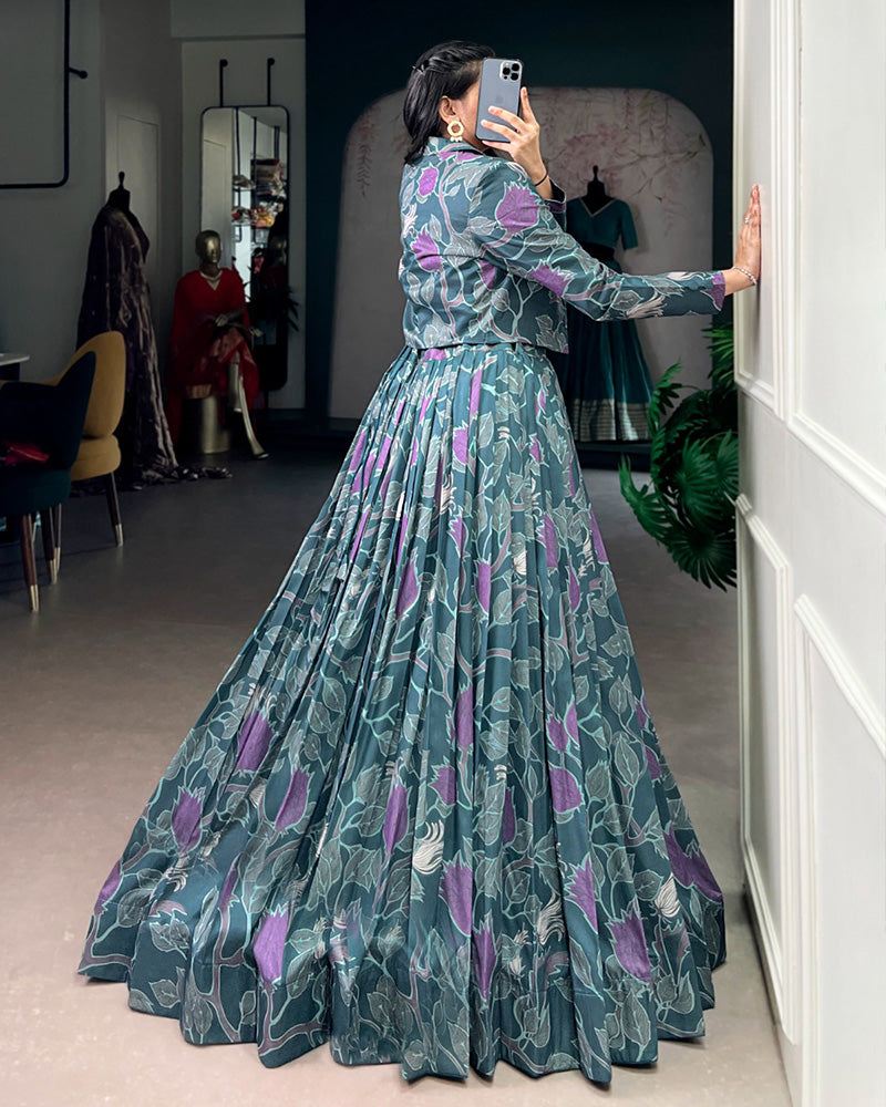 Teal Blue Color Tasar Silk Printed Lehenga Choli With Koti