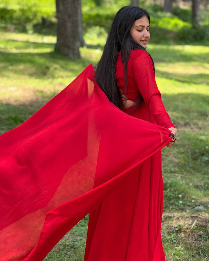 Jyoti Thakur Designer Back String Style Red Colour Three Piece Anarkali Suit