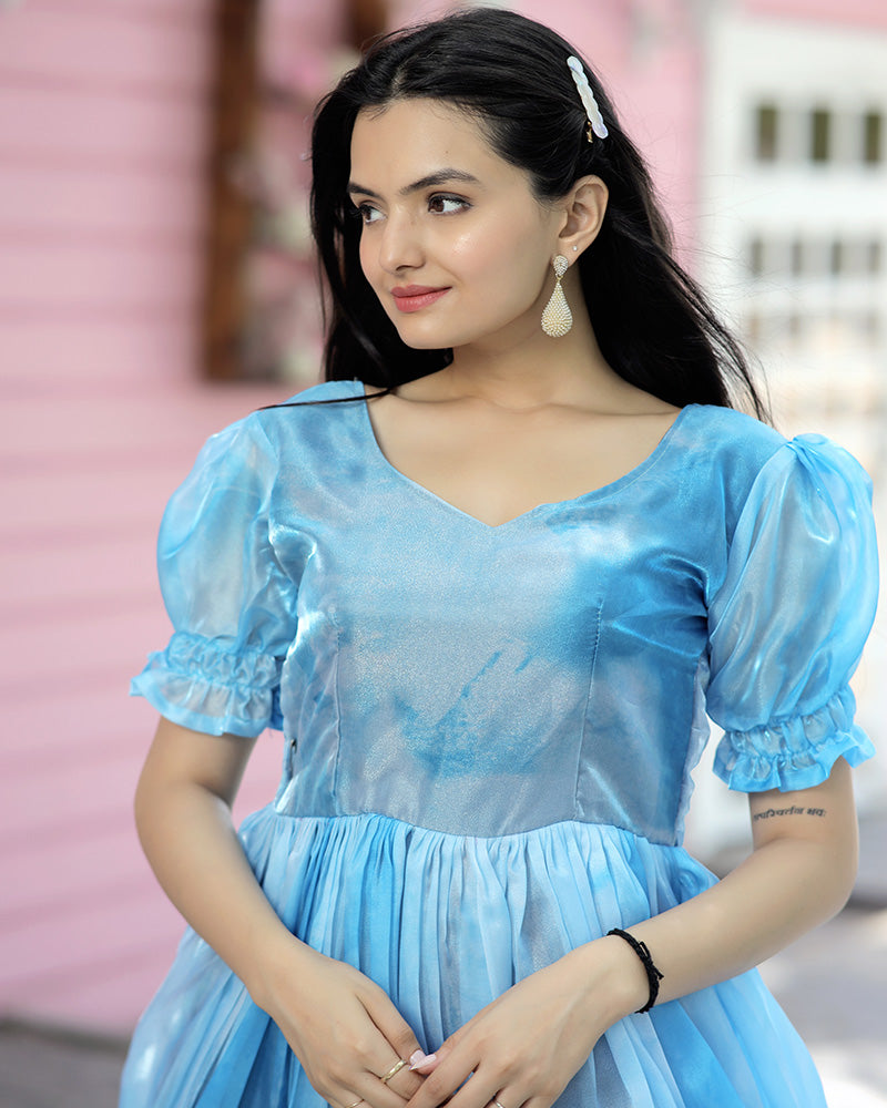 Sky Blue Color Organza Silk Anarkali Gown