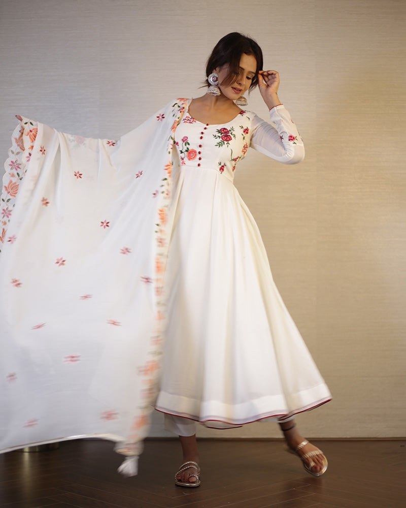 Off White Floral Soft Georgette Three Piece Anarkali Suit