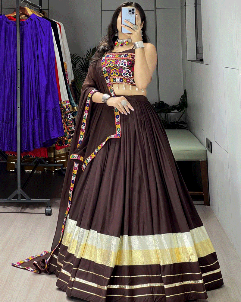 Chocolate Brown Color Rayon Cotton Navratri Lehenga Choli