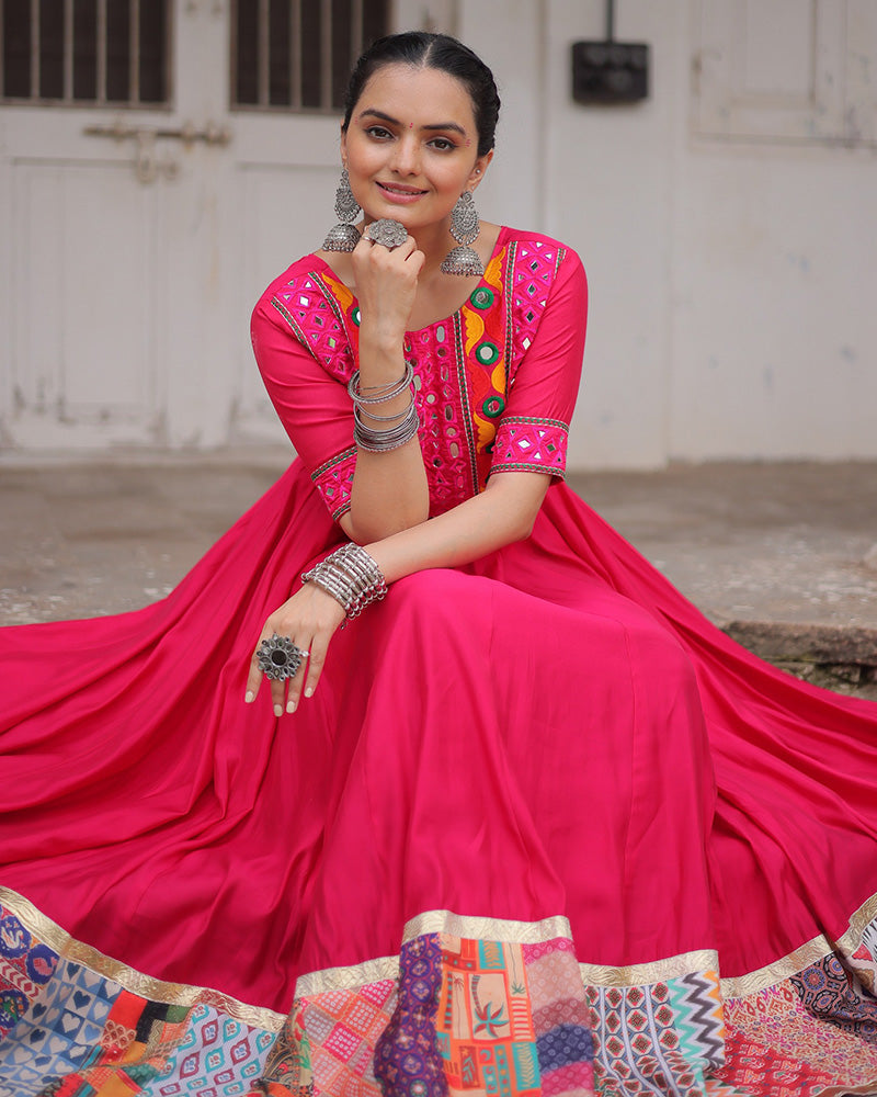 Colorful Border Pink Color Roman Silk Gamthi Work Navratri Gown