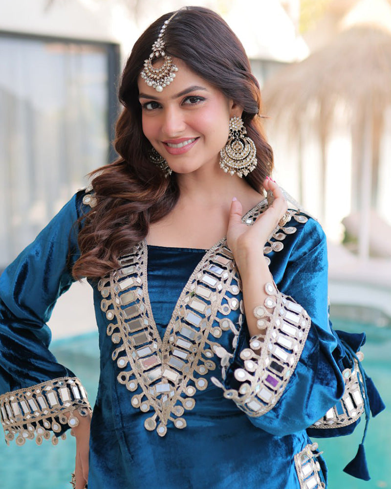 Peacock Blue Color Ice Velvet Embroidered Plazzo Suit