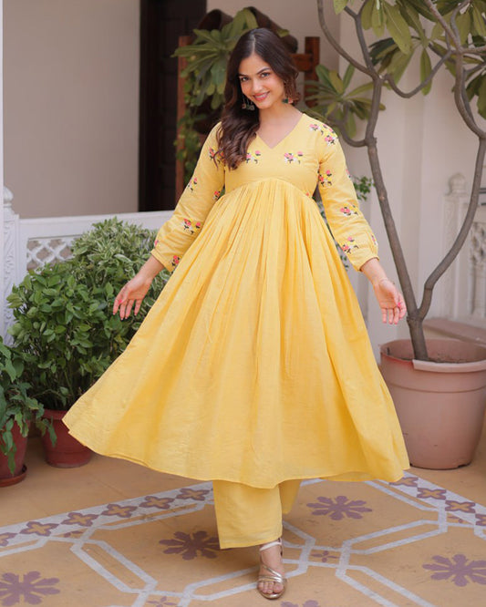 Yellow Color Pure Cotton Embroidered Kurti Suit