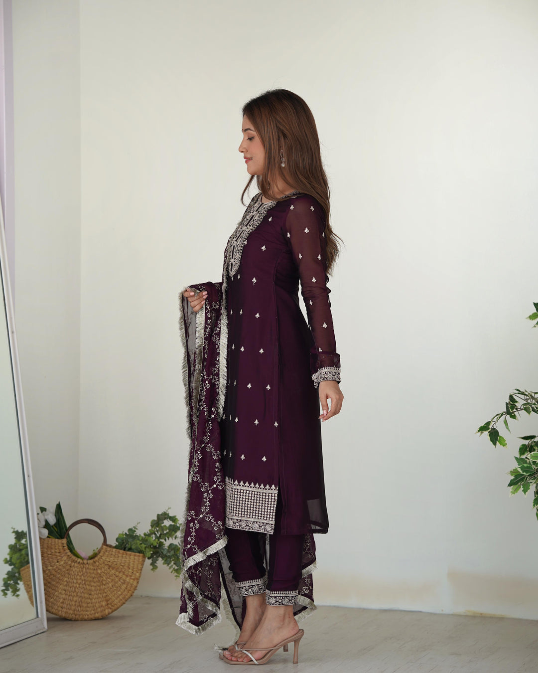 Wine Color Rangoli Silk Three Piece Kurti Suit