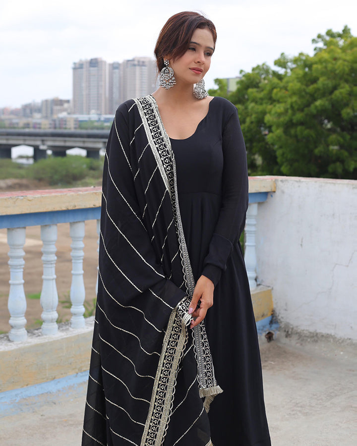 Black Color Georgette Anarkali With Embroidered Dupatta