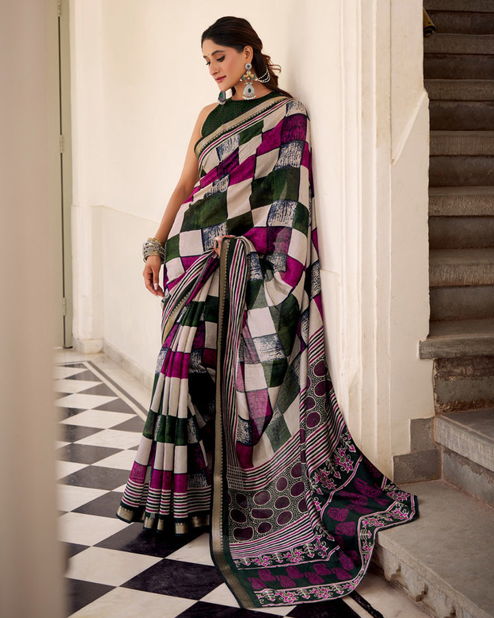 Green Color Polyester Chanderi Printed Saree