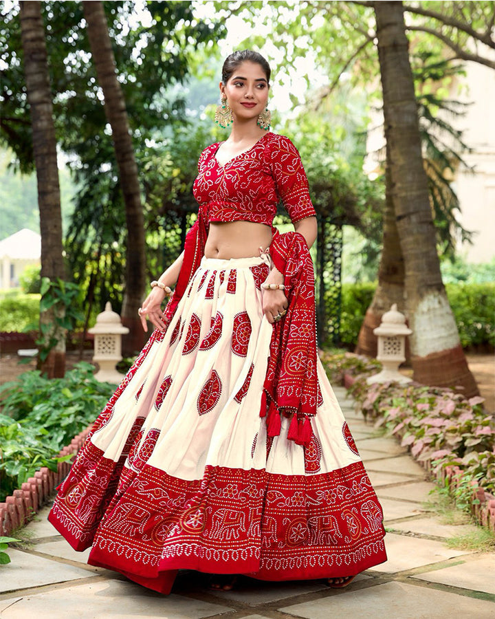 Red Color Tussar Silk Bandhej Printed Lehenga Choli