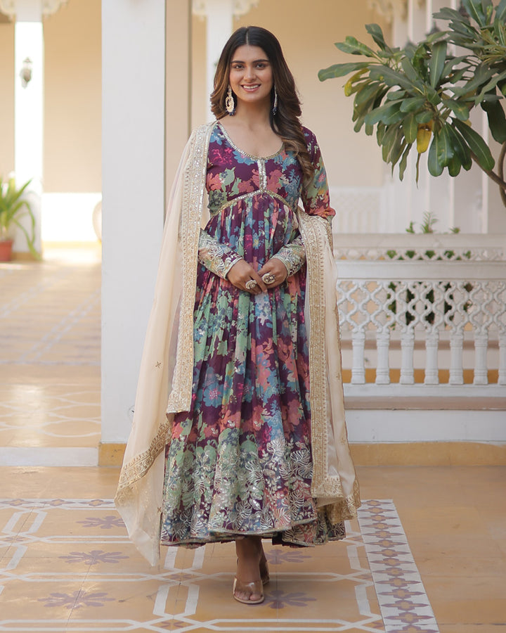 Wedding Wear Floral Embroidered Wine Color Alia Cut Gown With Dupatta