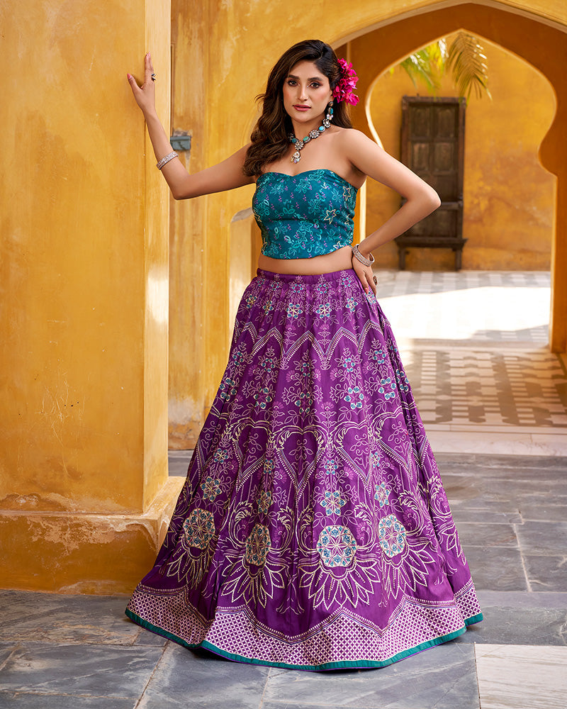 Purple Color Vichitra Silk Printed And Embroidered Lehenga Choli