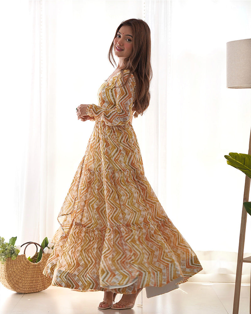 Off-White Color Soft Georgette Three Layer Ruffle Style Anarkali Suit