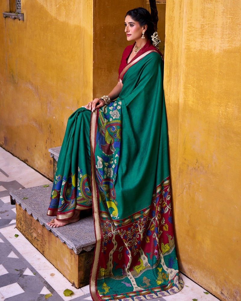 Firozi Color Viscose Chanderi Printed Saree