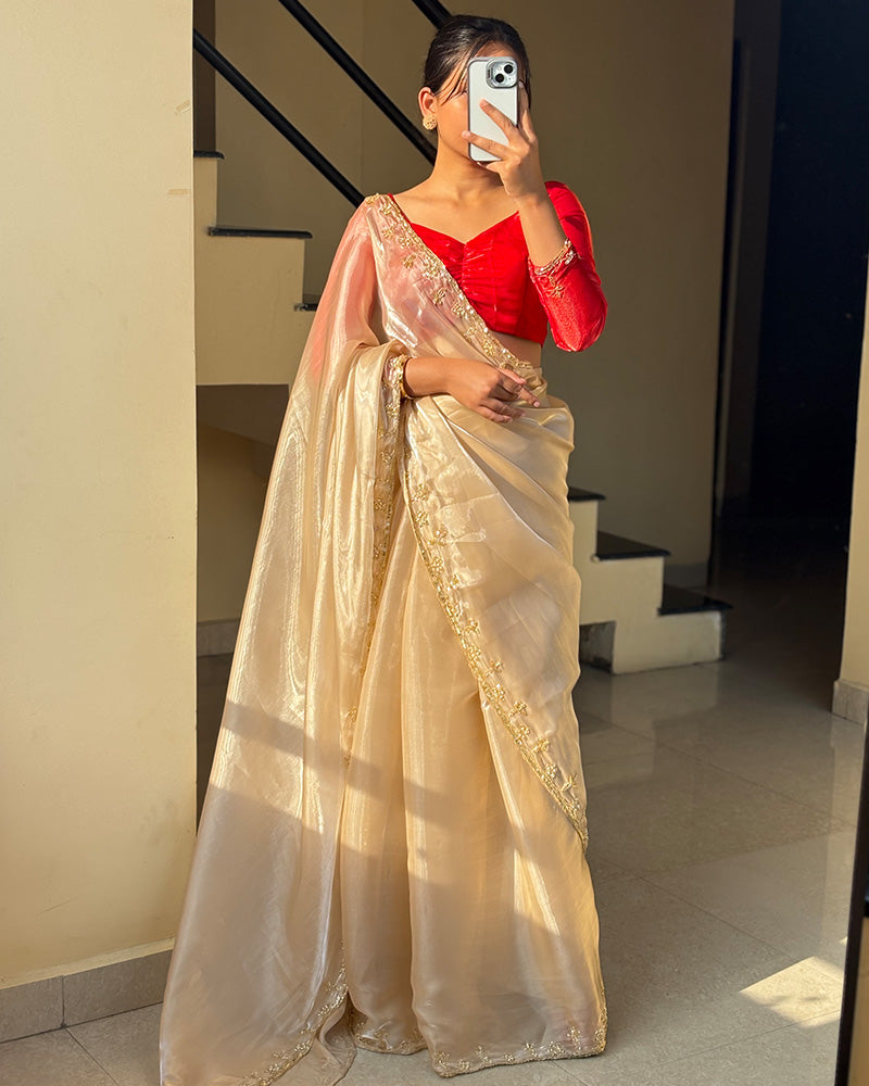 Cream Color Pure Soft Organza Embroidered Saree
