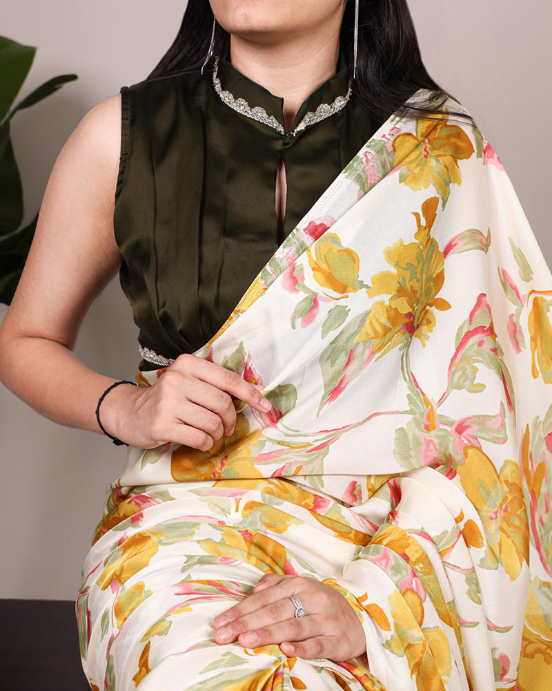 Yellow Color Satin Silk Floral Printed Saree