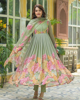 Pista Color Faux Georgette Printred Anarkali Suit