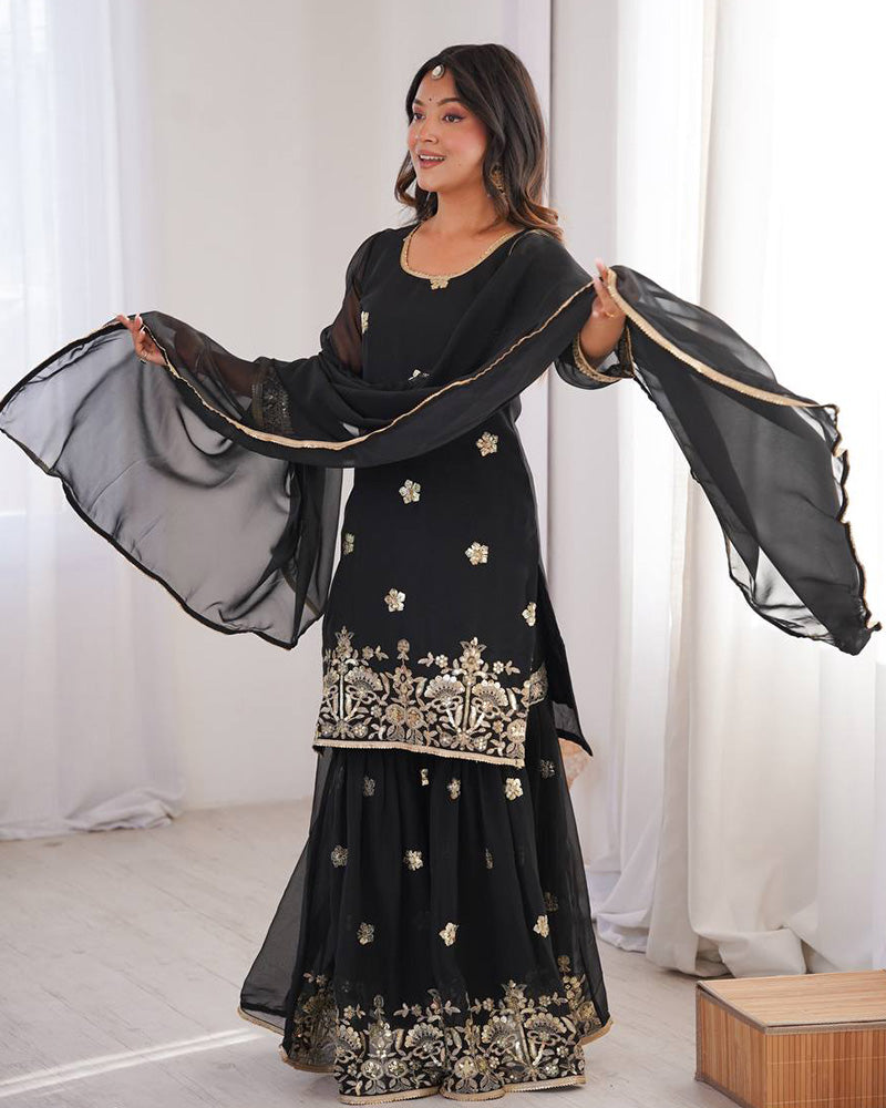 Black Color Soft Georgette Embroidered Sharara Suit