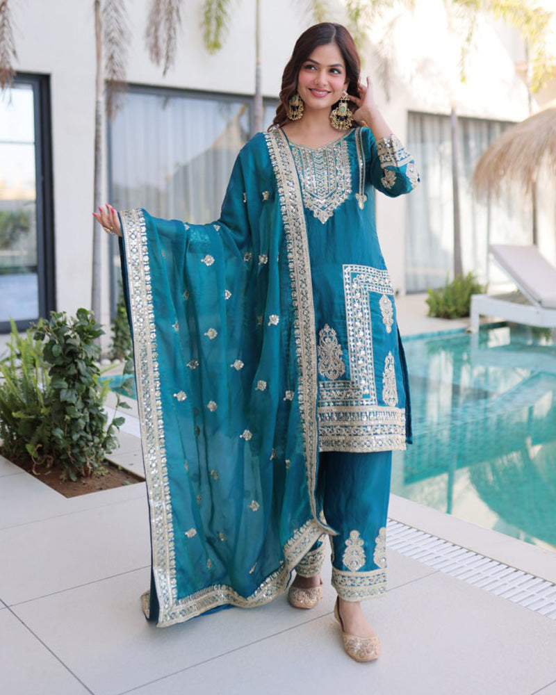 Teal Blue Color Fendi Silk Embroidered Kurti Suit