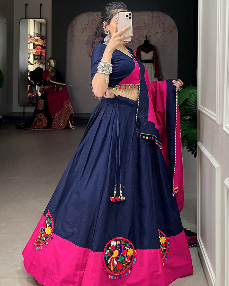 Navy Blue Color Pure Cotton Gamthi Work Navratri Lehenga Choli