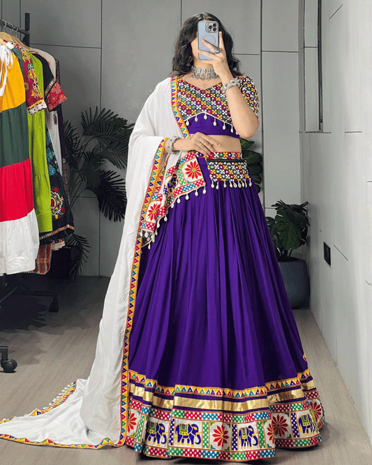 Purple And White Color Rayon Cotton Navratri Lehenga Choli