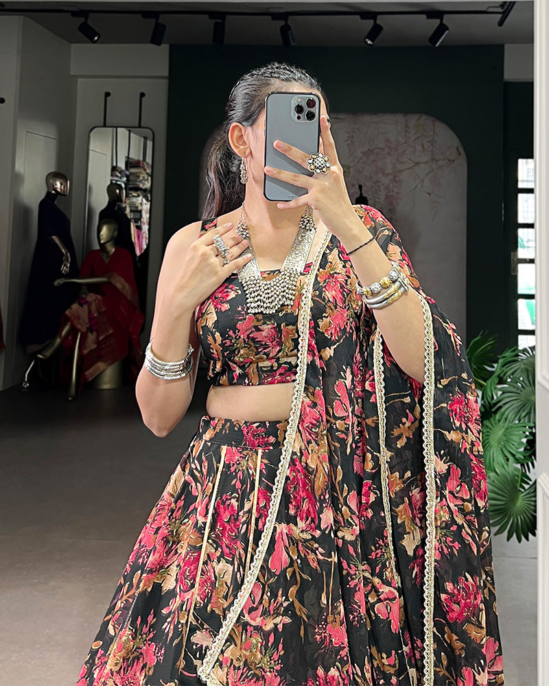 Black Color Chiffon Printed Lehenga Choli