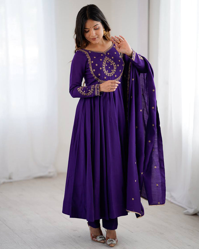 Purple Color Chanderi Silk Three Piece Anarkali Suit
