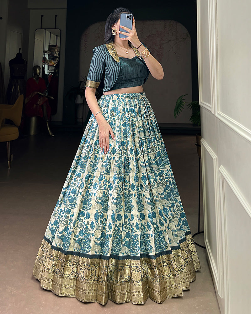 Sky Blue Color Tasar Silk Viscose Printed Lehenga Choli