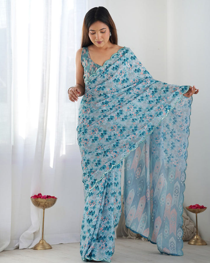 Sky Color Chinnon Silk Saree