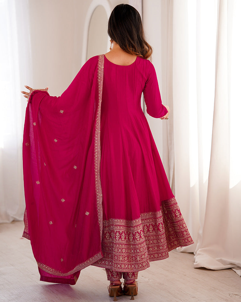 Rani Pink Color Blooming Vichitra Silk Anarkali Suit