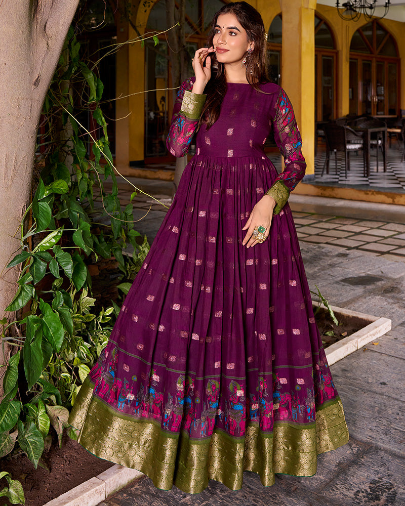 Elegant Wine Color Poly Cotton Gown With koti
