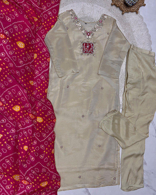 Gold Cream Color Fendy Chiffon Kurti Suit