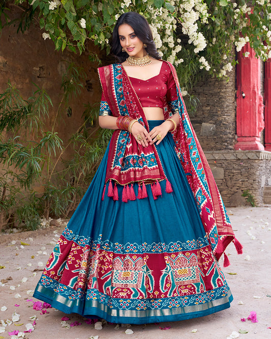 Designer Patola Printed Teal Green Color Tussar Silk Lehenga Choli