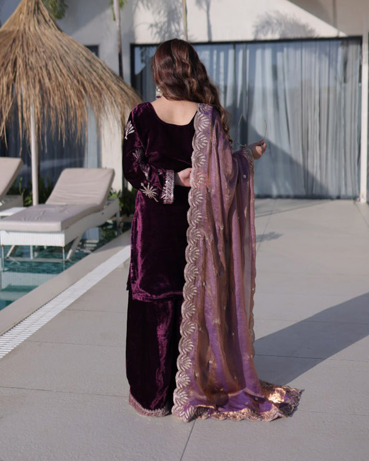 Wine Color Ice Velvet Embroidered Plazzo Suit