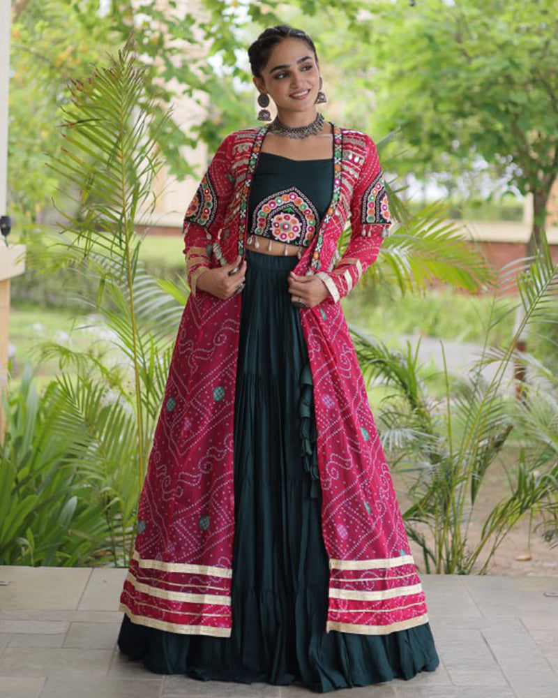 Dark Green Color Bandhani Printed With Rayon Lehenga  Choli