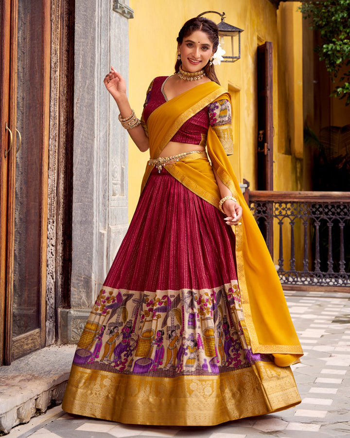 Red Color Poly Chanderi Printed Half Saree