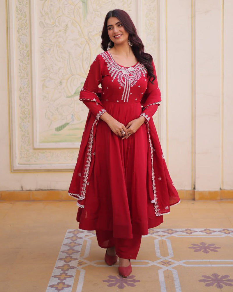Royal Red Color Mal Chanderi Cotton Anarkali Suit