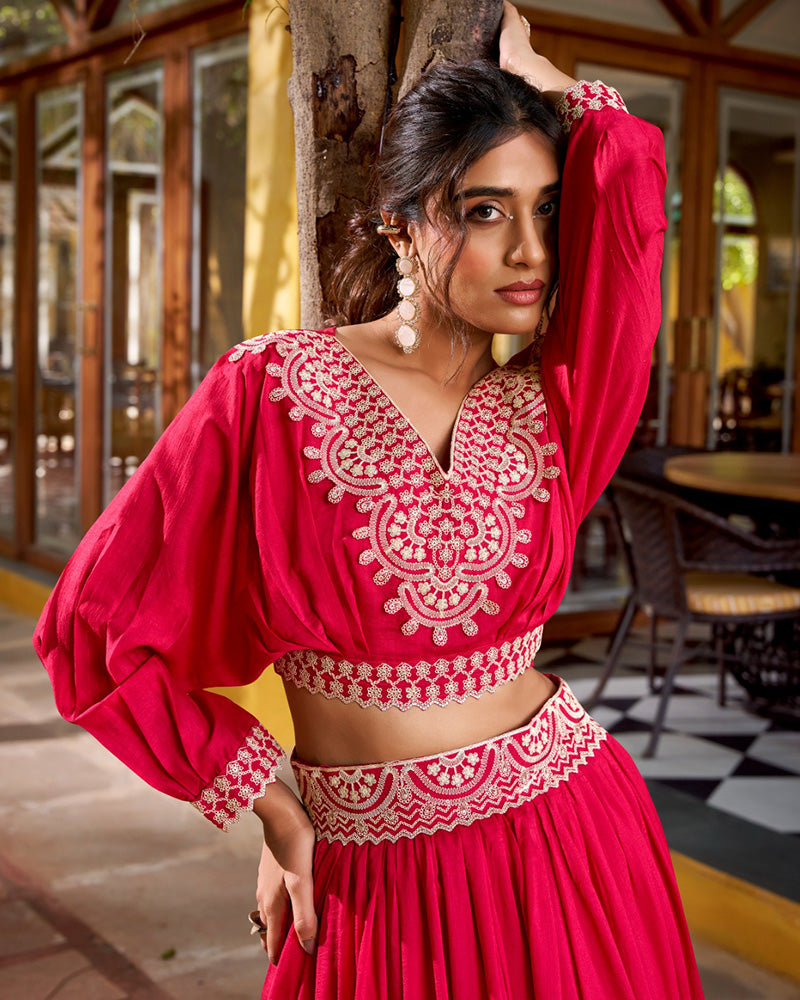 Rani Pink Color Vichitra Silk Embroidered Lehenga Choli