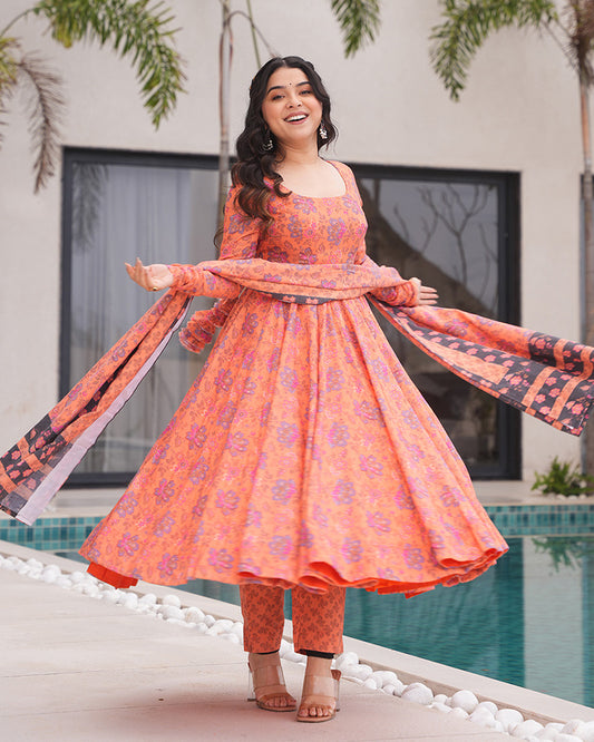 Orange Color Printed Soft Cotton Three Piece Anarkali Suit
