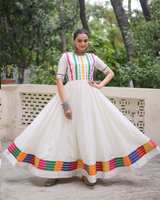 White  Color Roman Silk Multi Threaded Work Navratri Gown