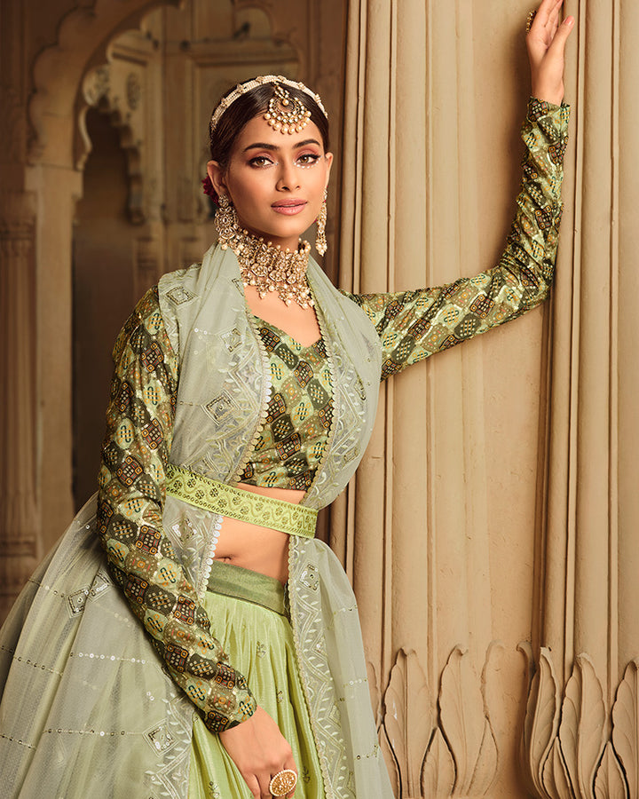 Designer Pista to Mehndi Color Silk Embroidered Lehenga Choli