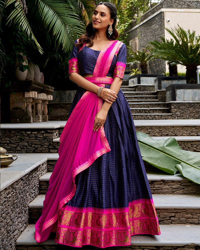 Cultural Blue and Pink Color Poly Cotton Lehenga Chex Half Saree