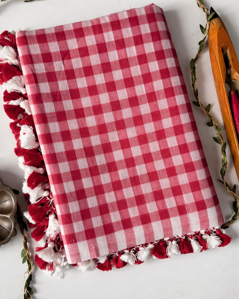 Pink Color Pure Mal Cotton Chex Printed Saree