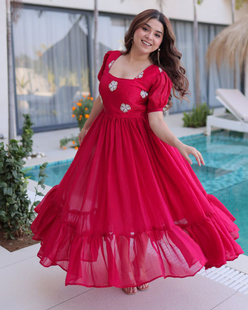 Pink Color Fendi Silk Beads Embroidered Gown